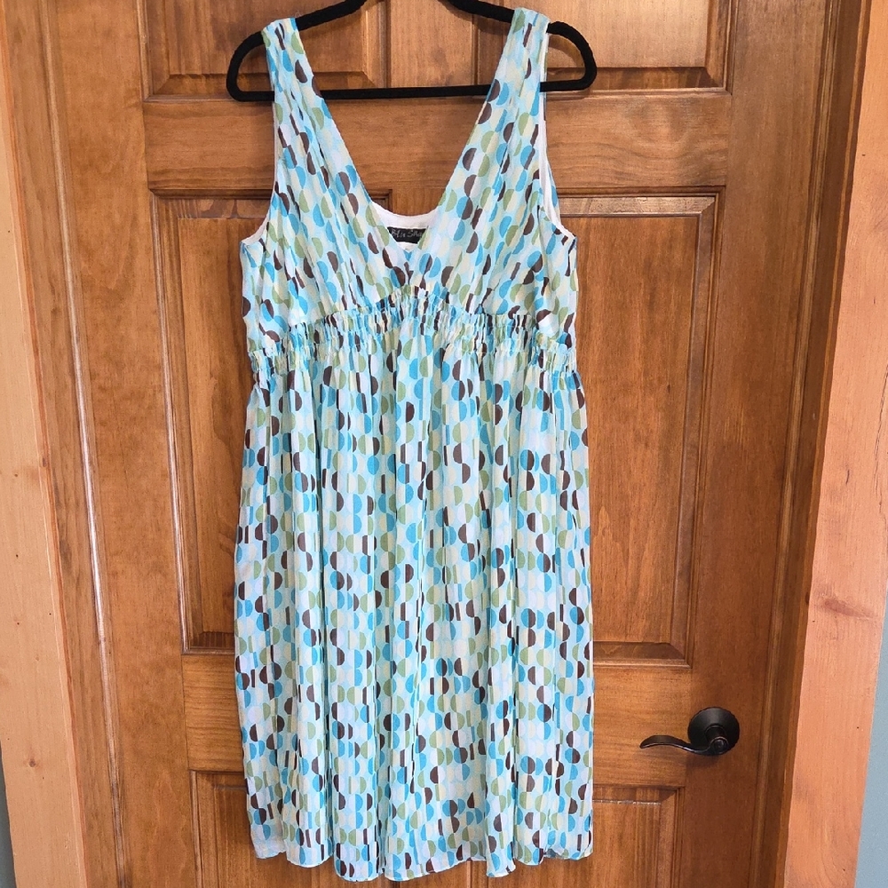 EUC Blu Sage Aqua and White Geometric Midi Dress